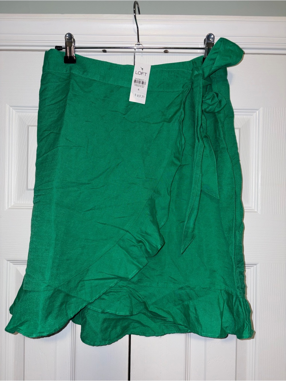 LOFT Green Linen-Viscose Wrap Skirt Tie Waist Ruffle Hem Knee Length size 6